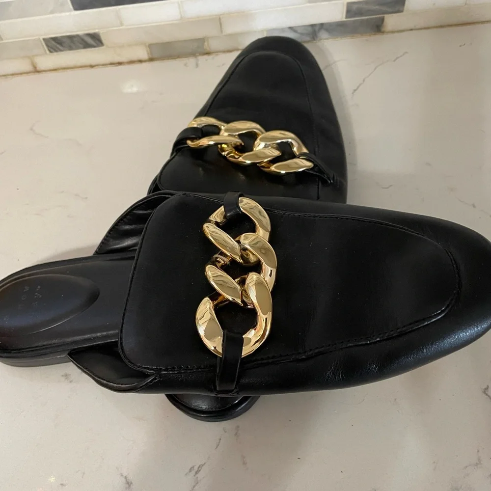 A New Day Black Slip on lounge flat slipper shoes faux gold chain accent size 11